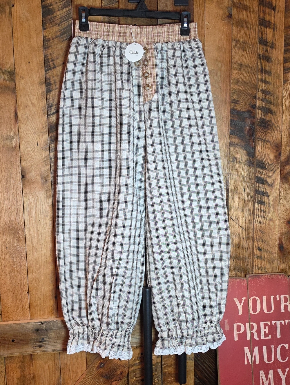 207p Oddi Plaid Ruffle Hem Pants - Cream Brown